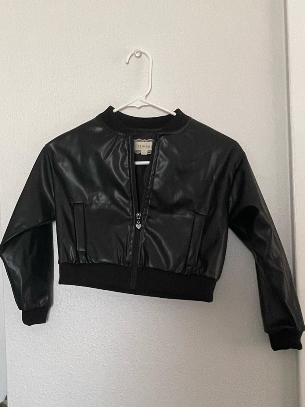 btween Black Cropped Faux Leather Bomber Jacket